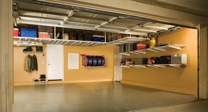 Two car garage with storage units